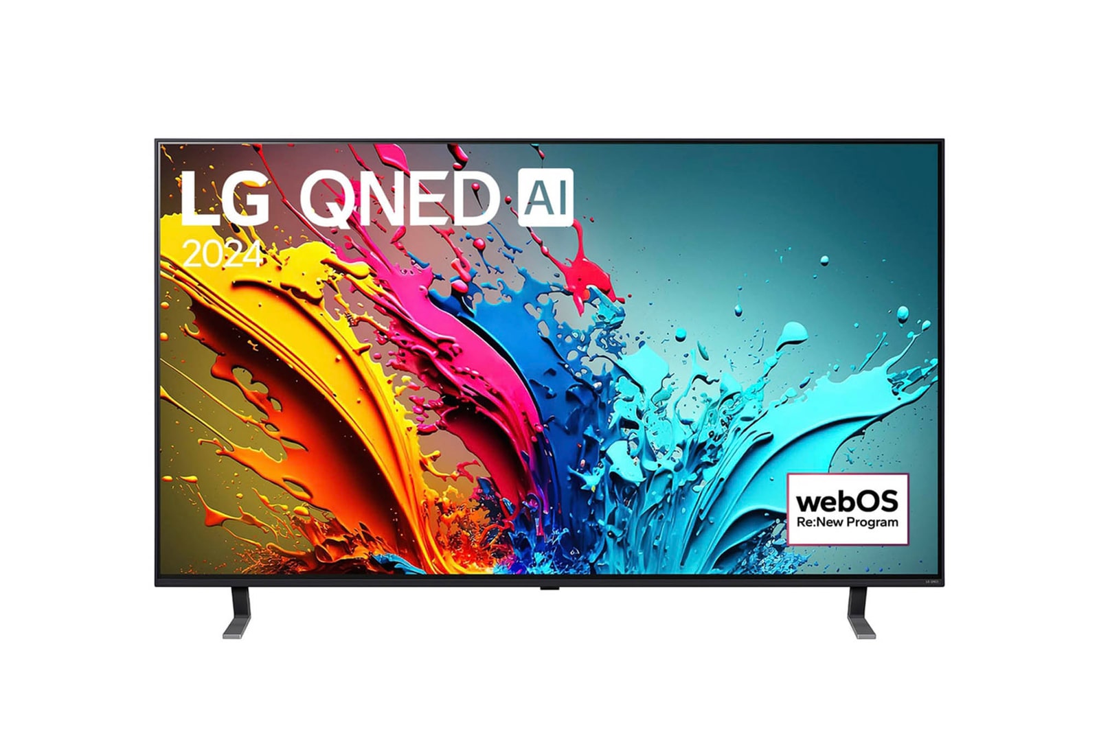 Vorderansicht des LG QNED MiniLED AI QNED85 4K Smart Fernsehers (Modell 2024) mit lebendiger abstrakter Kunst auf dem Bildschirm.