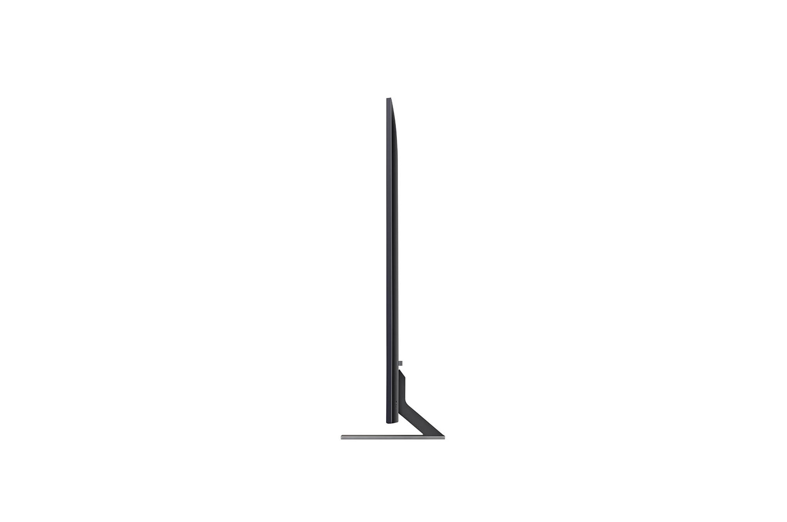 Linke Seitenprofilansicht des LG QNED MiniLED AI QNED85 4K Smart Fernsehers, die sein schlankes Design und die Form des zentralen Standfußes hervorhebt.