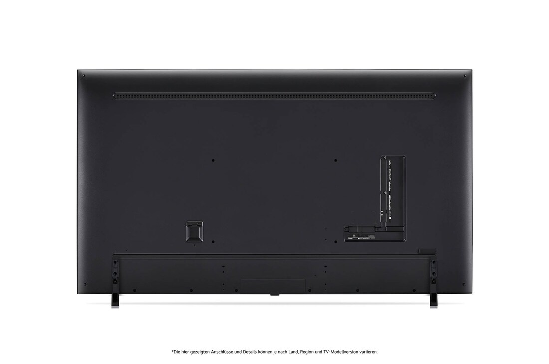 Rückansicht des LG QNED MiniLED AI QNED85 4K Smart Fernsehers, zeigt das Design der Rückseite, Anschlüsse und die zentrale Standfußverbindung.