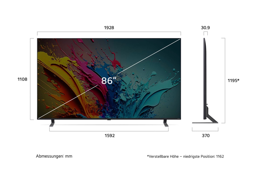 Diagramm mit Abmessungen (mm) für den 86 Zoll LG QNED MiniLED AI QNED85 4K Smart TV: B 1928, H 1195*, T 370. Panel-Tiefe 30,9.