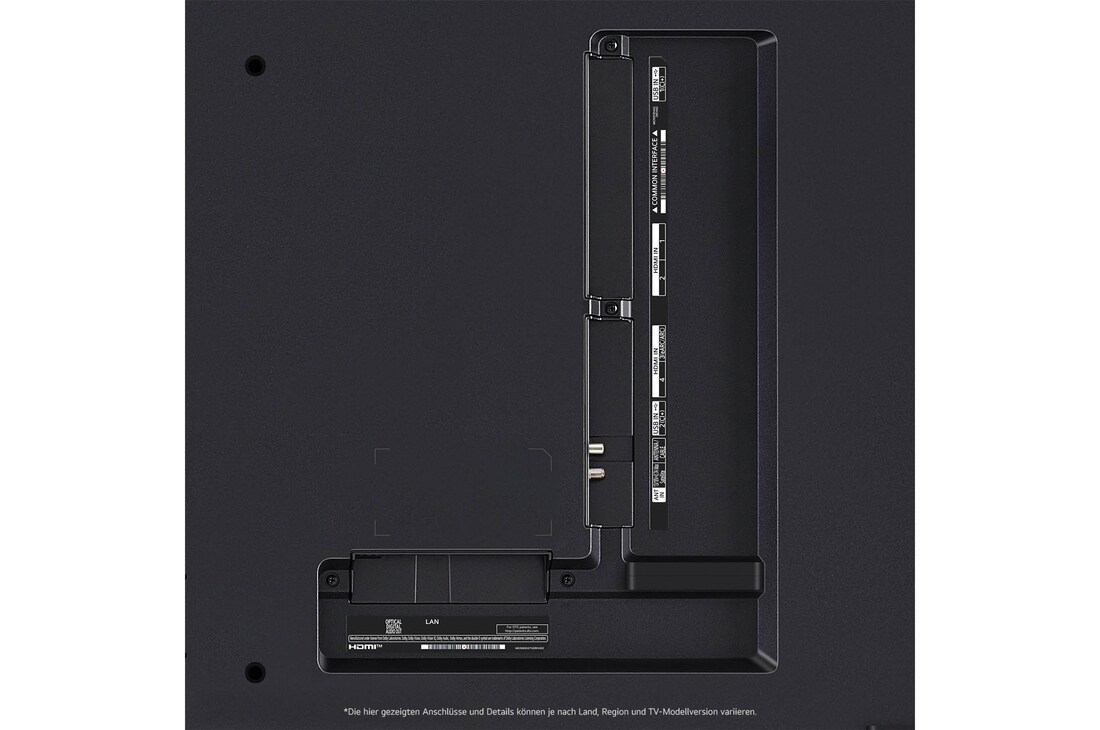 Nahaufnahme der Anschlüsse des LG QNED MiniLED AI QNED85 4K Smart Fernsehers, einschließlich Zugang zu HDMI, USB und Antenne.