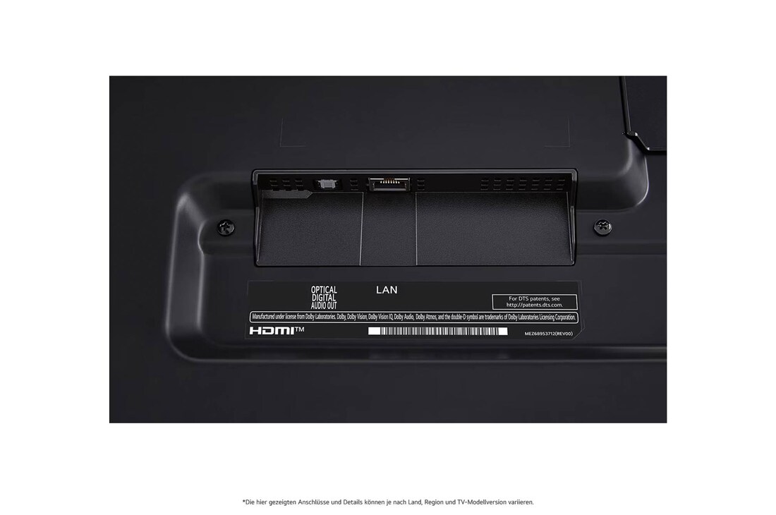 Nahaufnahme der nach unten gerichteten Anschlüsse (Optisch, LAN, Antenne) auf der Rückseite des LG QNED MiniLED AI QNED85 4K Smart Fernsehers.