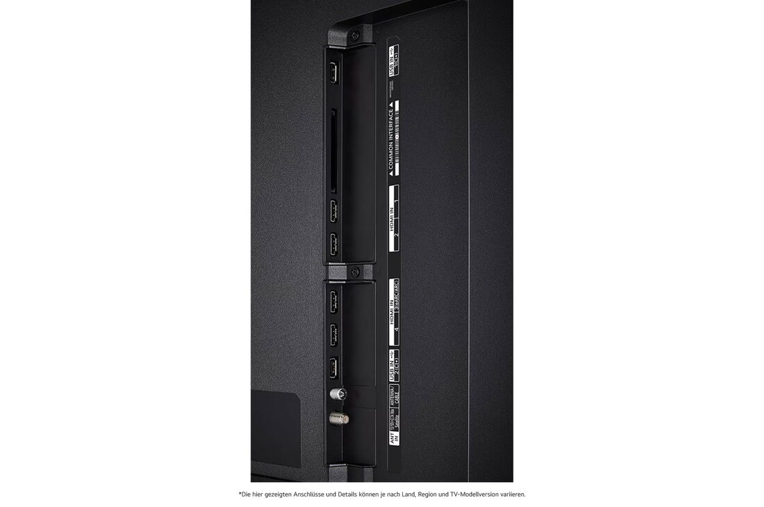 Detaillierte Nahaufnahme der seitlichen Anschlüsse des LG QNED MiniLED AI QNED85 4K Smart Fernsehers, zeigt HDMI 1-4 und CI-Slot.