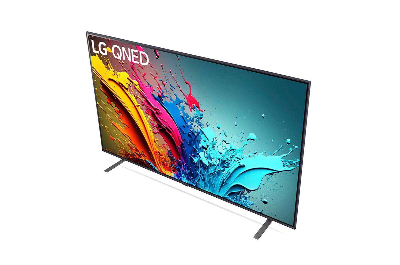 Ansicht des LG QNED MiniLED AI QNED85 4K Smart Fernsehers aus hoher Perspektive, von oben auf Bildschirm und zentralen Standfuß blickend.