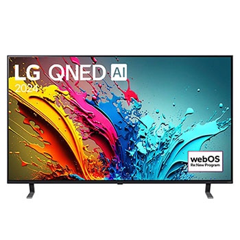 Vorderansicht des LG QNED MiniLED AI QNED85 4K Smart Fernsehers (Modell 2024) mit lebendiger abstrakter Kunst auf dem Bildschirm.