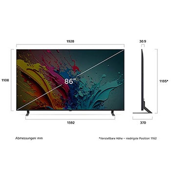 Diagramm mit Abmessungen (mm) für den 86 Zoll LG QNED MiniLED AI QNED85 4K Smart TV: B 1928, H 1195*, T 370. Panel-Tiefe 30,9.
