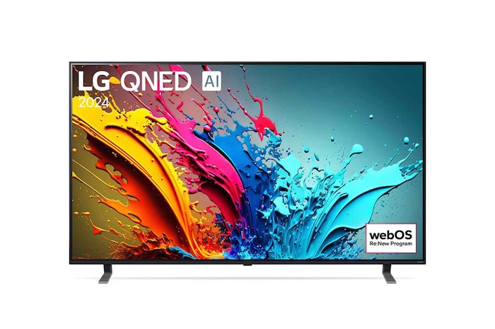 Vorderansicht des LG QNED MiniLED AI QNED85 4K Smart Fernsehers (Modell 2024) mit lebendiger abstrakter Kunst auf dem Bildschirm.