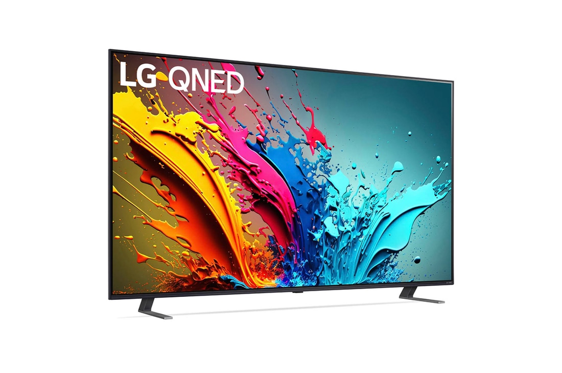 LG QNED MiniLED AI QNED85 4K Smart Fernseher aus einer vorderen linken Perspektive, zeigt Bildschirm und zentralen Standfuß.