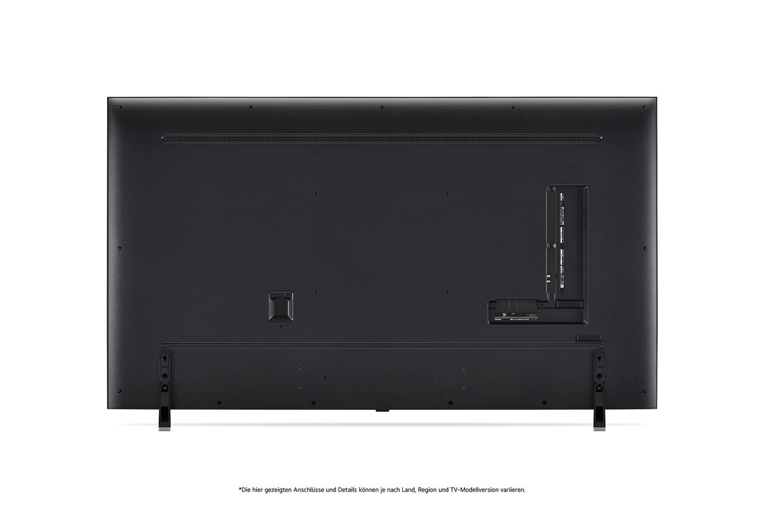 Rückansicht des LG QNED MiniLED AI QNED85 4K Smart Fernsehers, zeigt das Design der Rückseite, Anschlüsse und die zentrale Standfußverbindung.