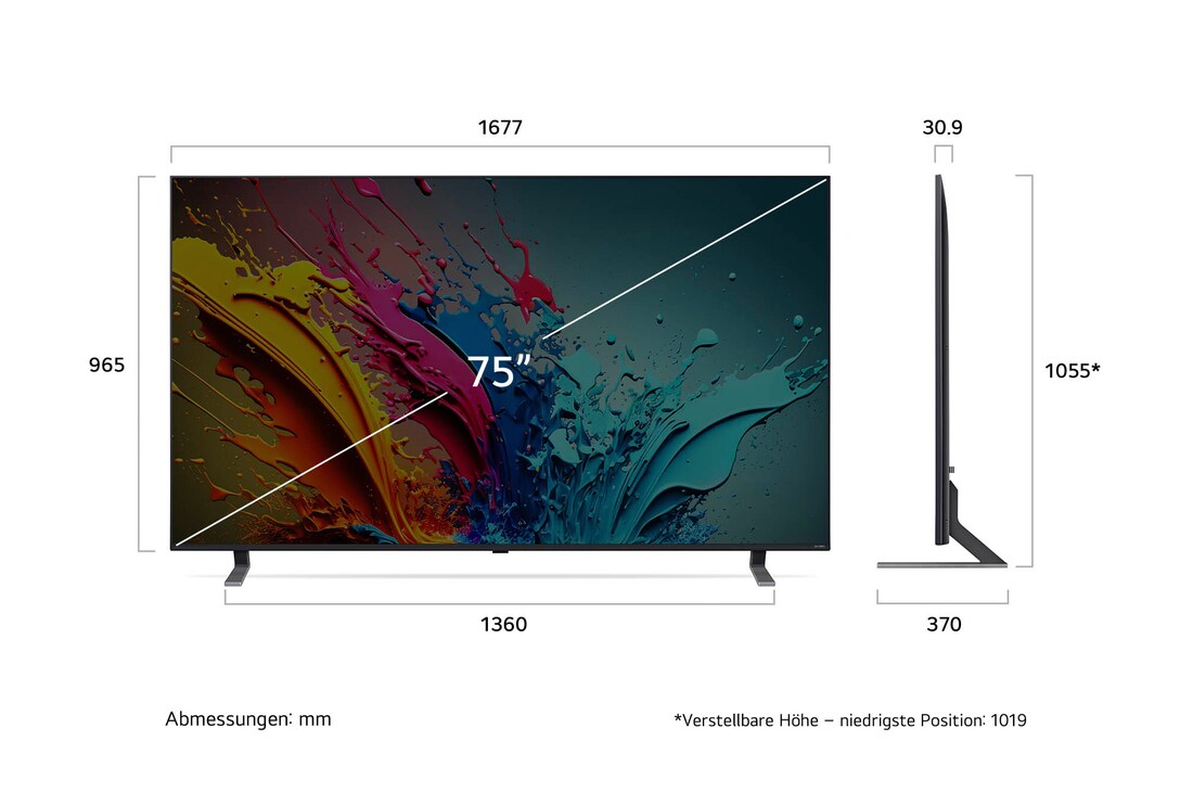 Diagramm mit Abmessungen (mm) für den 75 Zoll LG QNED MiniLED AI QNED85 4K Smart TV: B 1677, H 1055*, T 370. Panel-Tiefe 30,9.