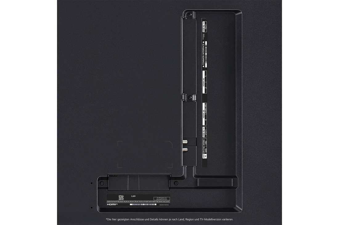 Nahaufnahme der Anschlüsse des LG QNED MiniLED AI QNED85 4K Smart Fernsehers, einschließlich Zugang zu HDMI, USB und Antenne.