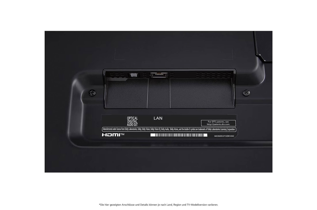 Nahaufnahme der nach unten gerichteten Anschlüsse (Optisch, LAN, Antenne) auf der Rückseite des LG QNED MiniLED AI QNED85 4K Smart Fernsehers.