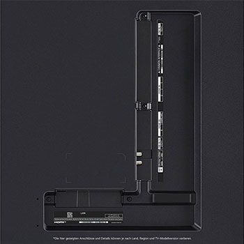 Nahaufnahme der Anschlüsse des LG QNED MiniLED AI QNED85 4K Smart Fernsehers, einschließlich Zugang zu HDMI, USB und Antenne.