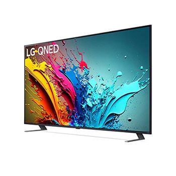 LG QNED MiniLED AI QNED85 4K Smart Fernseher aus einer stärker angewinkelten vorderen rechten Perspektive, zeigt Bildschirm und zentralen Standfuß.