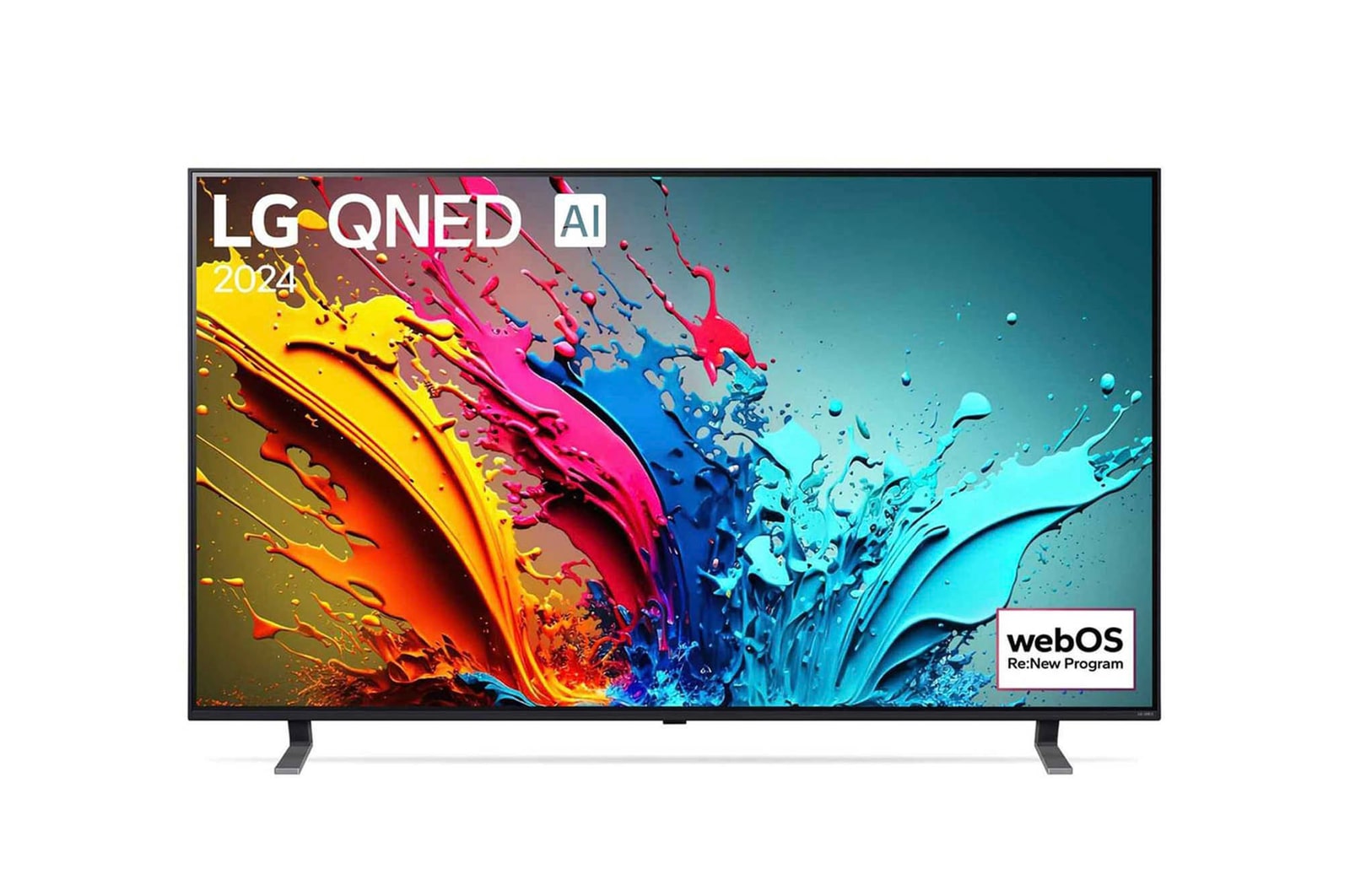 Vorderansicht des LG QNED MiniLED AI QNED85 4K Smart Fernsehers (Modell 2024) mit lebendiger abstrakter Kunst auf dem Bildschirm.