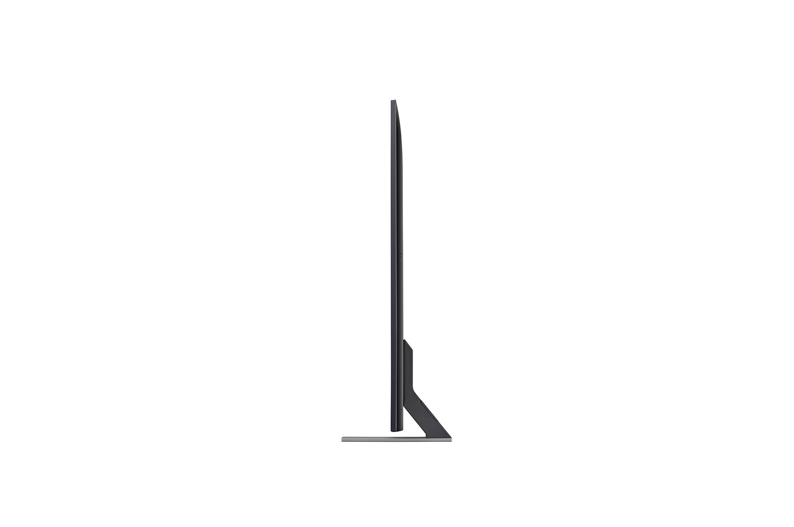 Linke Seitenprofilansicht des LG QNED MiniLED AI QNED85 4K Smart Fernsehers, die sein schlankes Design und die Form des zentralen Standfußes hervorhebt.