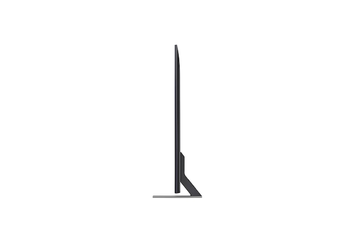 Linke Seitenprofilansicht des LG QNED MiniLED AI QNED85 4K Smart Fernsehers, die sein schlankes Design und die Form des zentralen Standfußes hervorhebt.