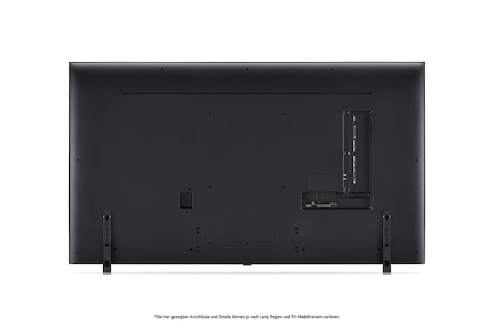 Rückansicht des LG QNED MiniLED AI QNED85 4K Smart Fernsehers, zeigt das Design der Rückseite, Anschlüsse und die zentrale Standfußverbindung.