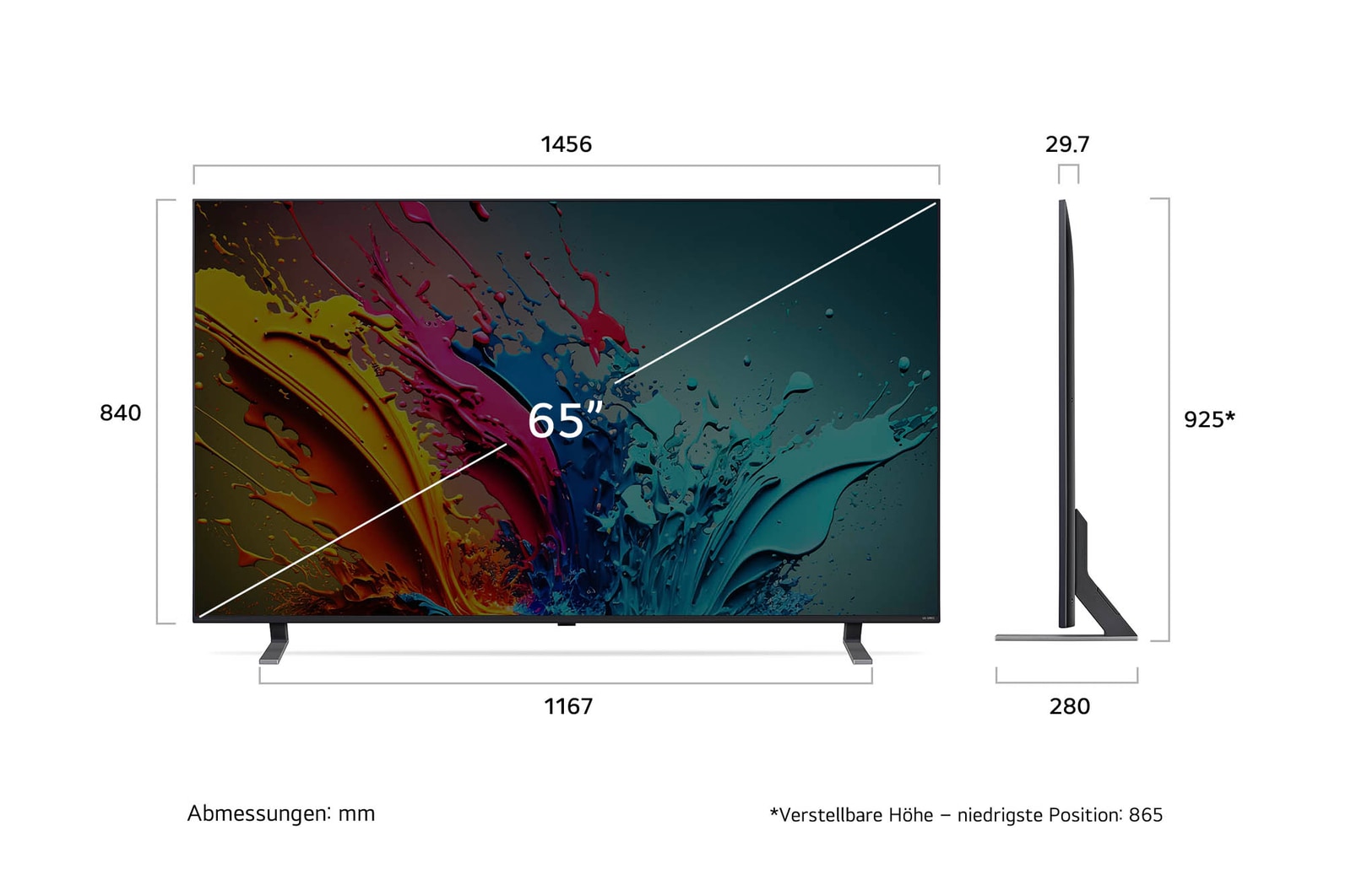 Diagramm mit Abmessungen (mm) für den 65 Zoll LG QNED MiniLED AI QNED85 4K Smart TV: B 1456, H 925*, T 285. Panel-Tiefe 29,7.