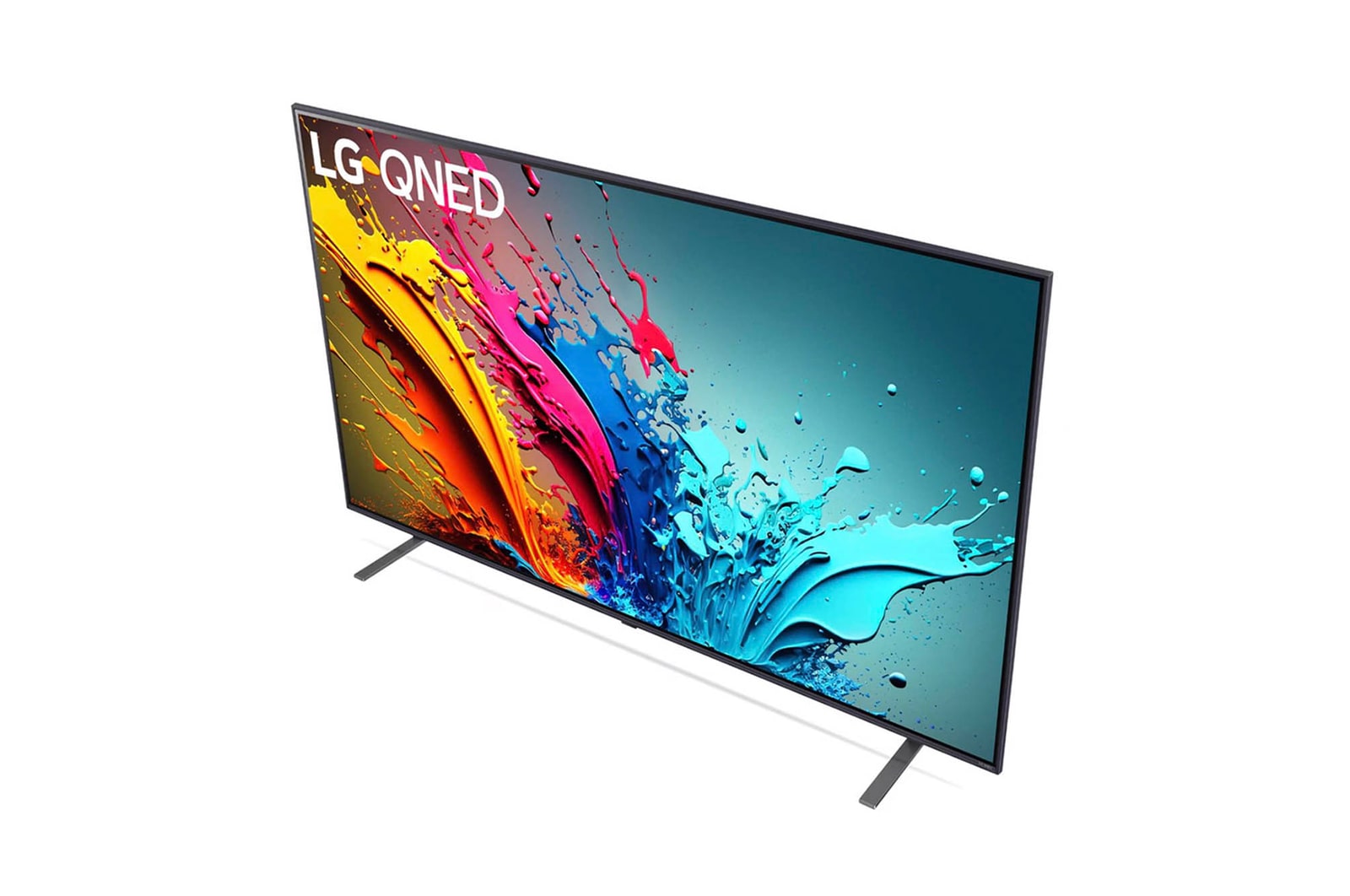Ansicht des LG QNED MiniLED AI QNED85 4K Smart Fernsehers aus hoher Perspektive, von oben auf Bildschirm und zentralen Standfuß blickend.