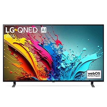 Vorderansicht des LG QNED MiniLED AI QNED85 4K Smart Fernsehers (Modell 2024) mit lebendiger abstrakter Kunst auf dem Bildschirm.
