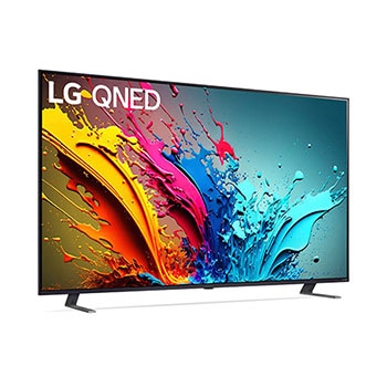LG QNED MiniLED AI QNED85 4K Smart Fernseher aus einer vorderen linken Perspektive, zeigt Bildschirm und zentralen Standfuß.