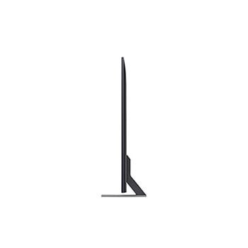 Linke Seitenprofilansicht des LG QNED MiniLED AI QNED85 4K Smart Fernsehers, die sein schlankes Design und die Form des zentralen Standfußes hervorhebt.