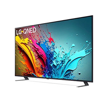LG QNED MiniLED AI QNED85 4K Smart Fernseher aus einer stärker angewinkelten vorderen rechten Perspektive, zeigt Bildschirm und zentralen Standfuß.