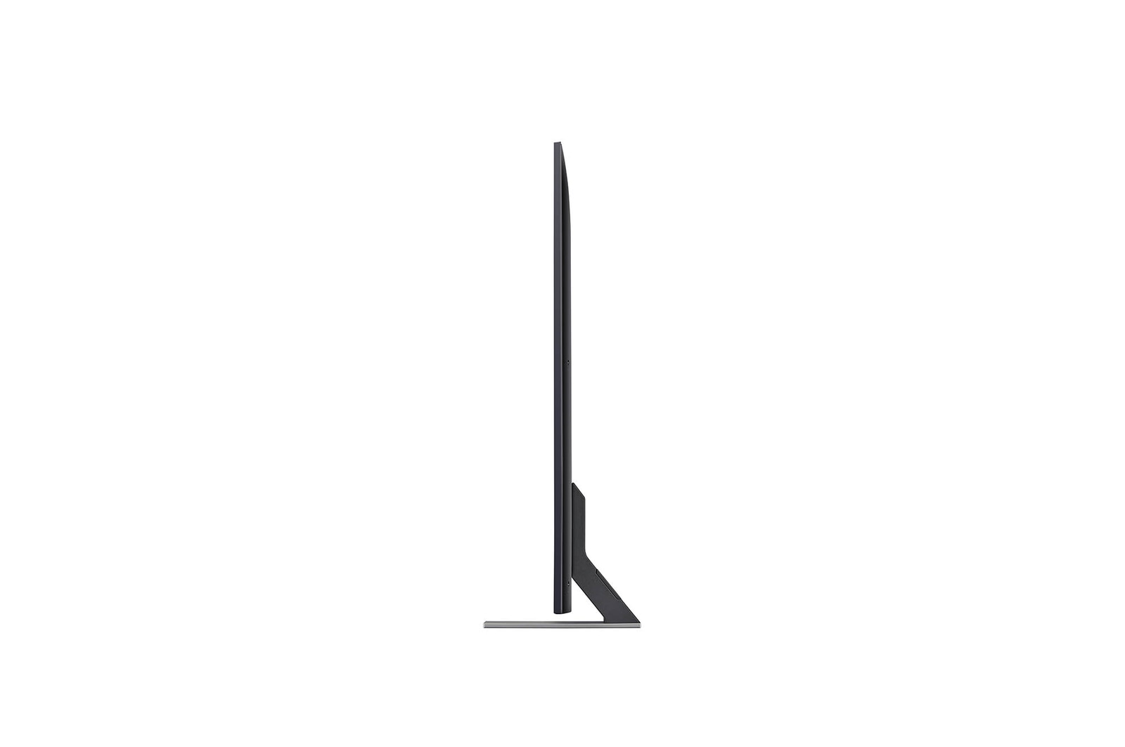 Linke Seitenprofilansicht des LG QNED MiniLED AI QNED85 4K Smart Fernsehers, die sein schlankes Design und die Form des zentralen Standfußes hervorhebt.