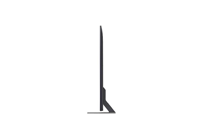 Linke Seitenprofilansicht des LG QNED MiniLED AI QNED85 4K Smart Fernsehers, die sein schlankes Design und die Form des zentralen Standfußes hervorhebt.