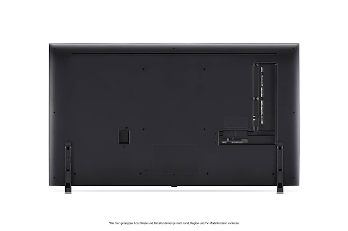 Rückansicht des LG QNED MiniLED AI QNED85 4K Smart Fernsehers, zeigt das Design der Rückseite, Anschlüsse und die zentrale Standfußverbindung.