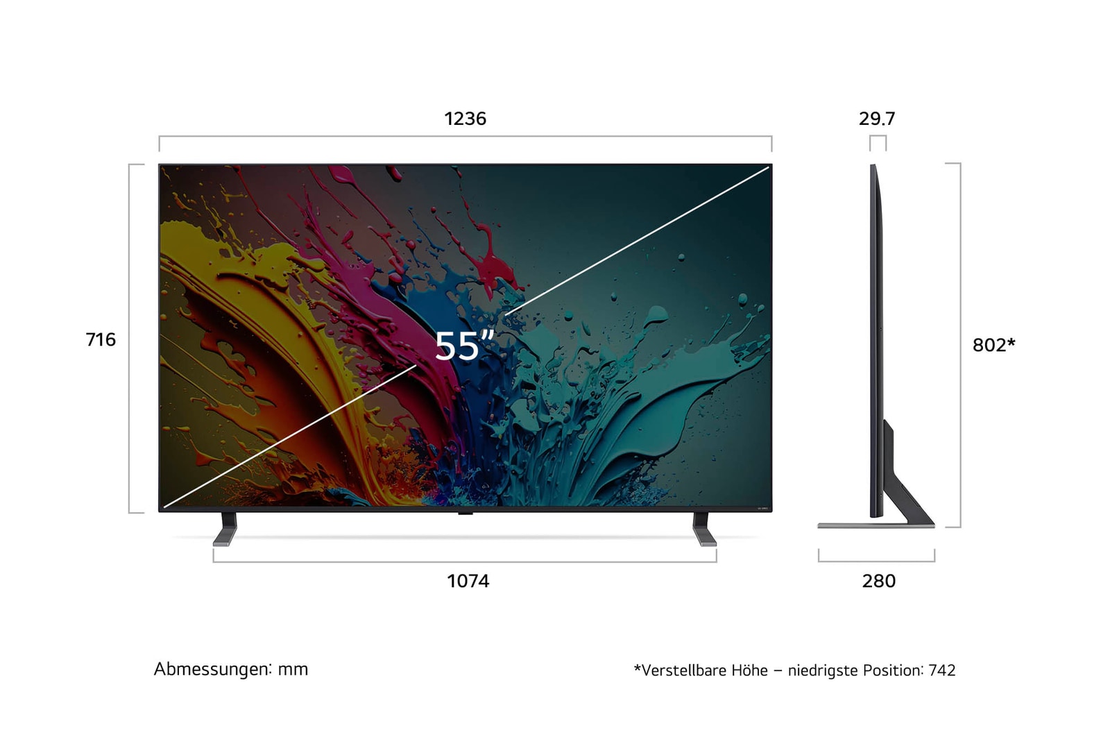 Diagramm mit Abmessungen (mm) für den 55 Zoll LG QNED MiniLED AI QNED85 4K Smart TV: B 1236, H 802*, T 280. Panel-Tiefe 29,7.