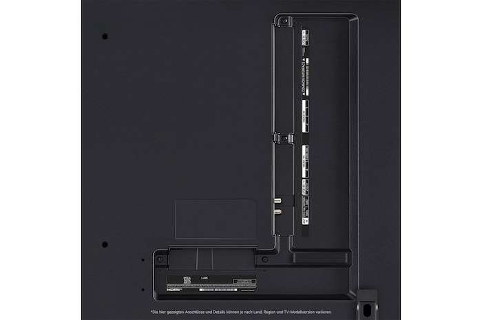 Nahaufnahme der Anschlüsse des LG QNED MiniLED AI QNED85 4K Smart Fernsehers, einschließlich Zugang zu HDMI, USB und Antenne.