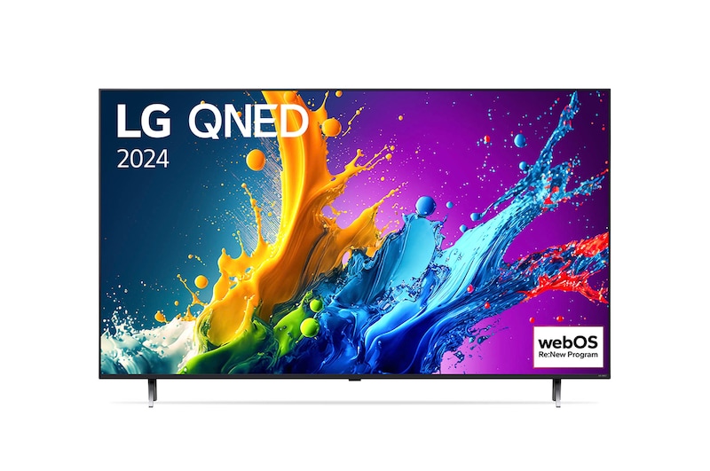 Vorderansicht des LG QNED80 AI 4K Smart Fernsehers (Modell 2024) mit lebendiger abstrakter Kunst auf dem Bildschirm und Doppel-Standfuß-Design.