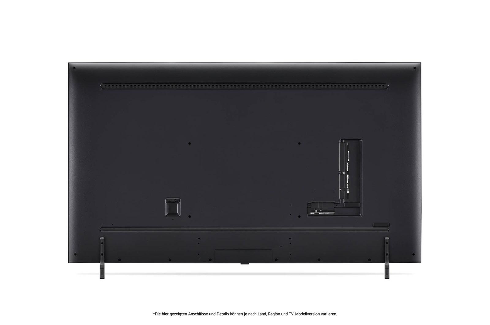 Rückansicht des LG QNED80 AI 4K Smart Fernsehers, zeigt das Design der Rückseite, den Bereich der Anschlüsse und den angebrachten Doppel-Standfuß.