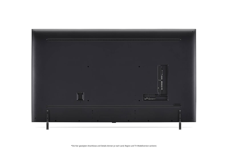 Rückansicht des LG QNED80 AI 4K Smart Fernsehers, zeigt das Design der Rückseite, den Bereich der Anschlüsse und den angebrachten Doppel-Standfuß.