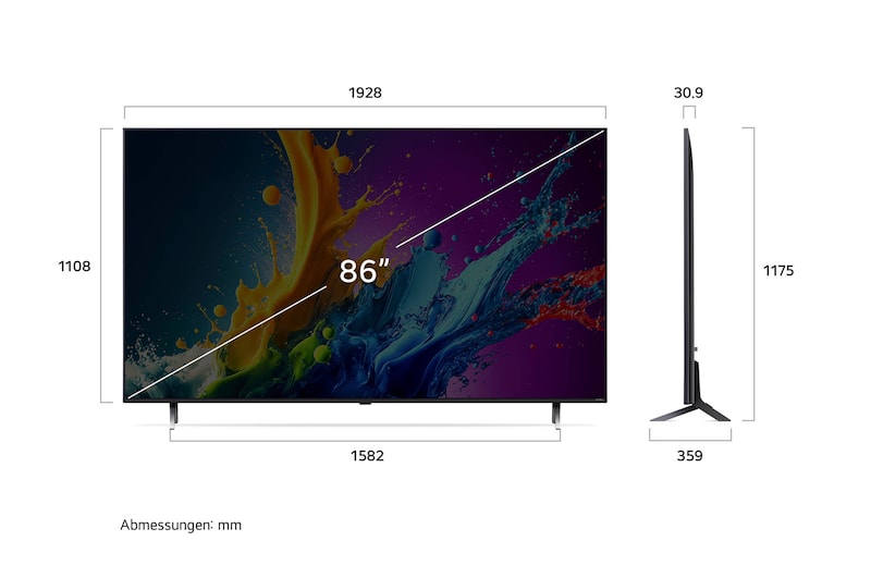 Diagramm mit Abmessungen (mm) für den 86 Zoll LG QNED80 AI 4K Smart TV: B 1928, H 1175, T 359. Panel-Tiefe 30,9.