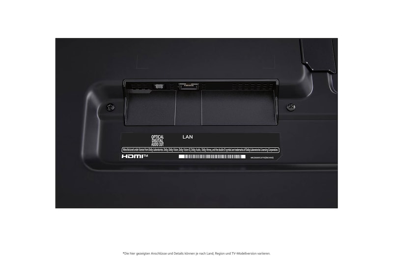 Nahaufnahme des optischen digitalen Audioausgangs und des LAN-Anschlusses auf der Rückseite des LG QNED80 AI 4K Smart Fernsehers.