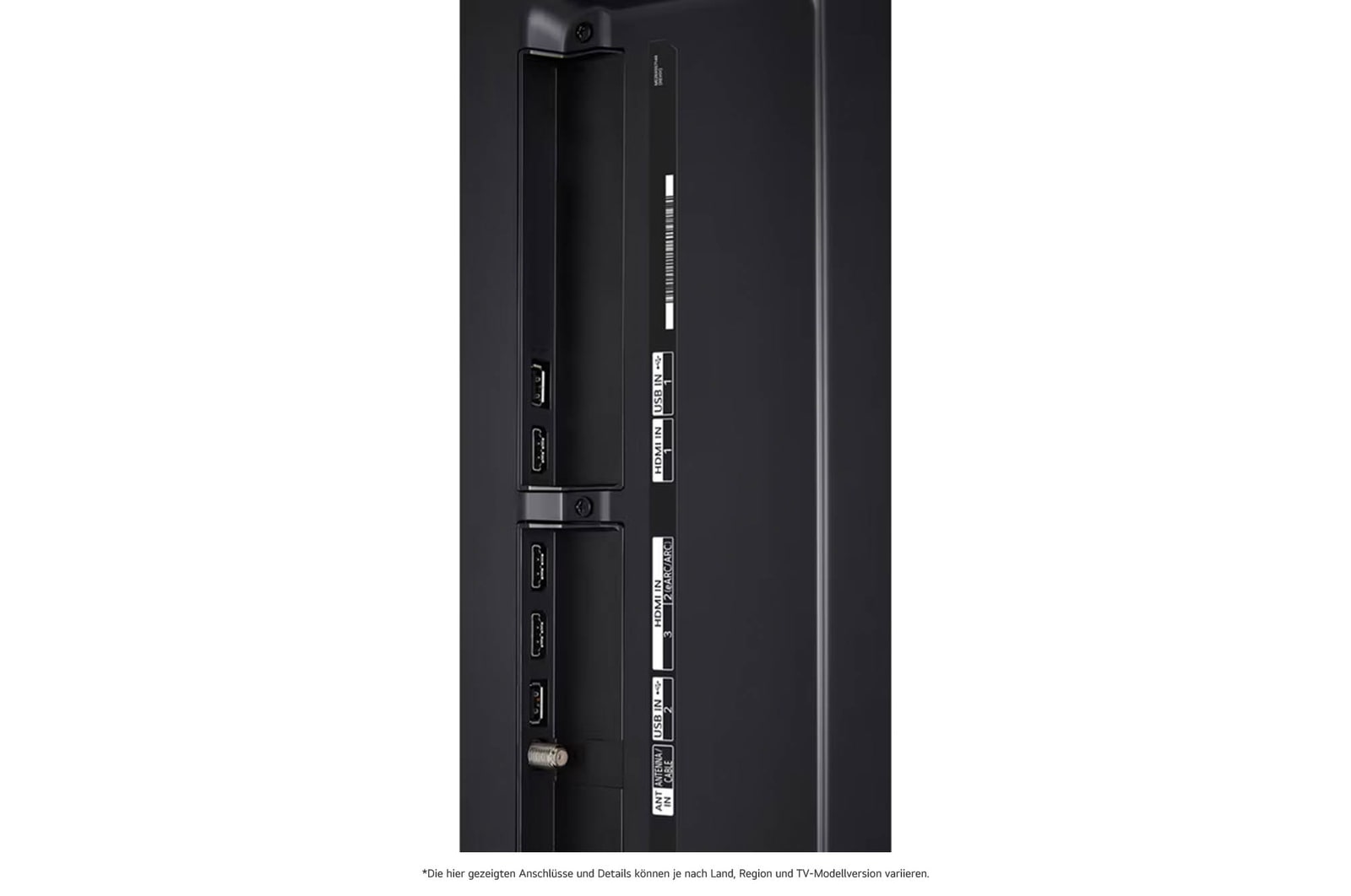 Detaillierte Nahaufnahme der seitlichen Anschlüsse des LG QNED80 AI 4K Smart Fernsehers, zeigt HDMI-, USB- und Antenneneingänge.