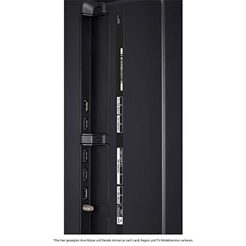 Detaillierte Nahaufnahme der seitlichen Anschlüsse des LG QNED80 AI 4K Smart Fernsehers, zeigt HDMI-, USB- und Antenneneingänge.