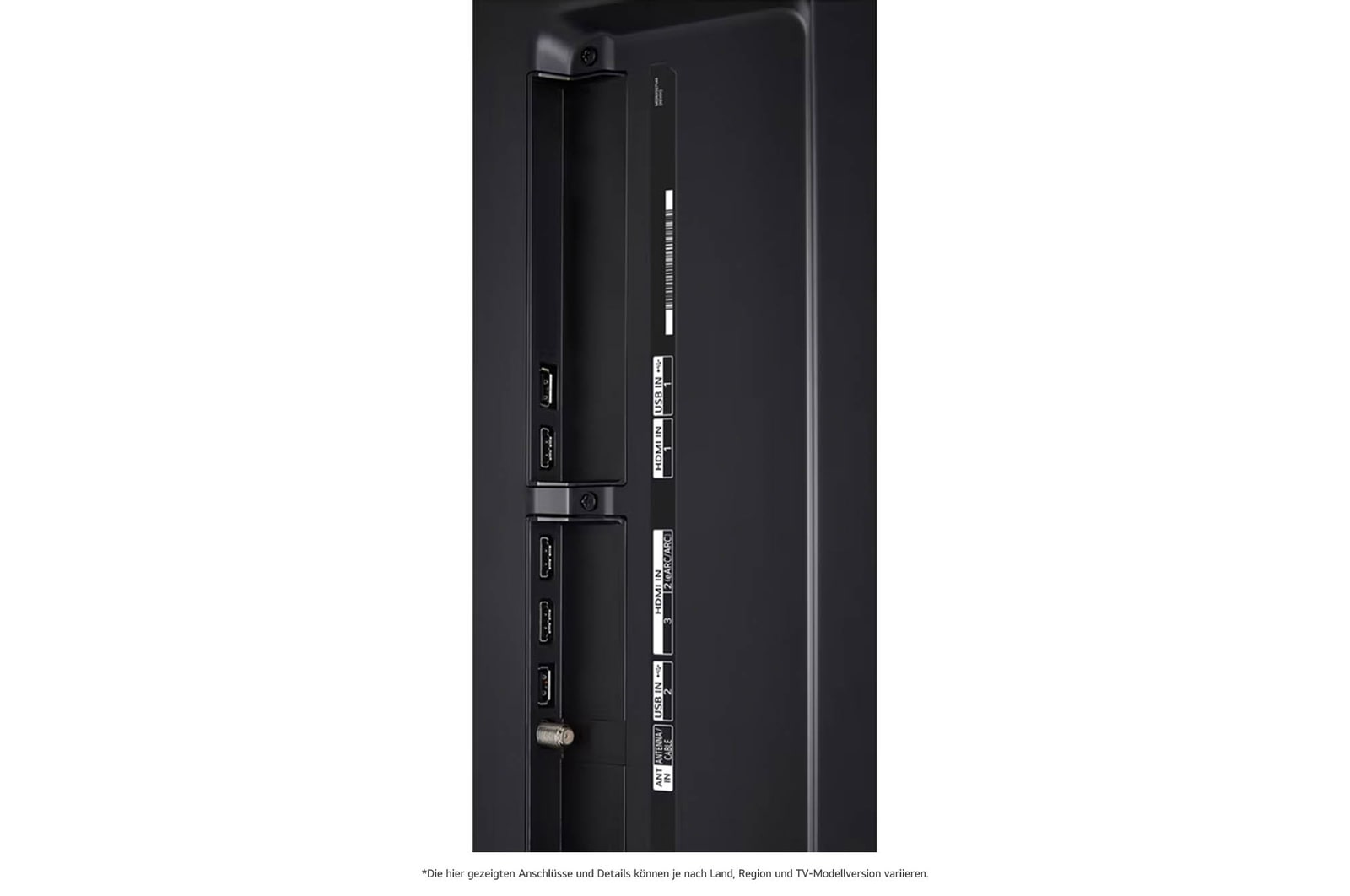Detaillierte Nahaufnahme der seitlichen Anschlüsse des LG QNED80 AI 4K Smart Fernsehers, zeigt HDMI-, USB- und Antenneneingänge.