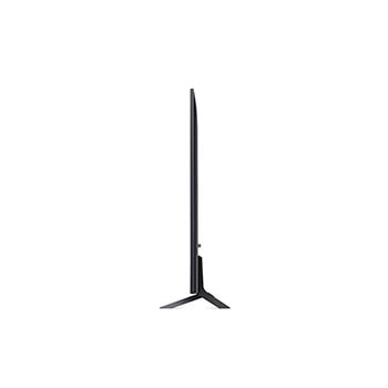 Linke Seitenprofilansicht des LG QNED80 AI 4K Smart Fernsehers, die sein schlankes Design und die Form des Standfußes hervorhebt.