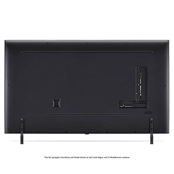 Rückansicht des LG QNED80 AI 4K Smart Fernsehers, zeigt das Design der Rückseite, den Bereich der Anschlüsse und den angebrachten Doppel-Standfuß.