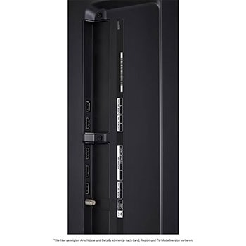 Detaillierte Nahaufnahme der seitlichen Anschlüsse des LG QNED80 AI 4K Smart Fernsehers, zeigt HDMI-, USB- und Antenneneingänge.