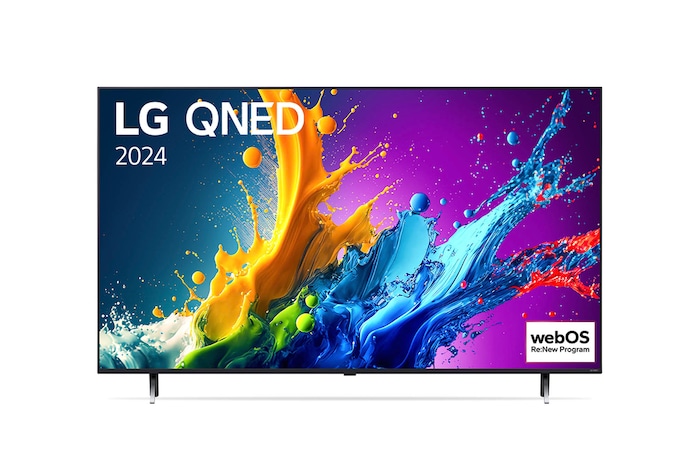 Vorderansicht des LG QNED80 AI 4K Smart Fernsehers (Modell 2024) mit lebendiger abstrakter Kunst auf dem Bildschirm und Doppel-Standfuß-Design.