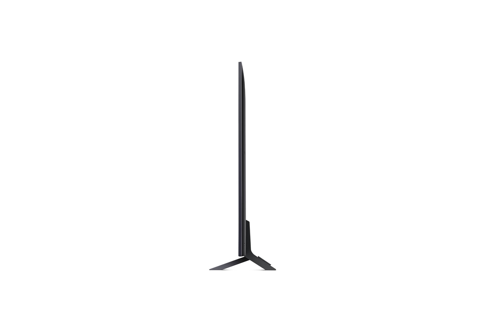 Linke Seitenprofilansicht des LG QNED80 AI 4K Smart Fernsehers, die sein schlankes Design und die Form des Standfußes hervorhebt.