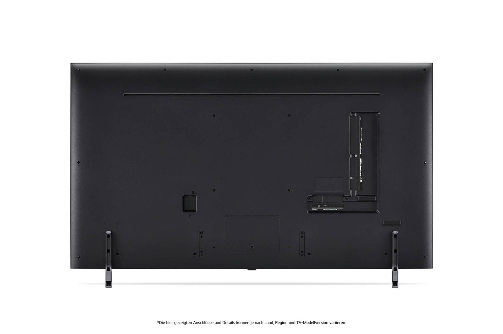Rückansicht des LG QNED80 AI 4K Smart Fernsehers, zeigt das Design der Rückseite, den Bereich der Anschlüsse und den angebrachten Doppel-Standfuß.