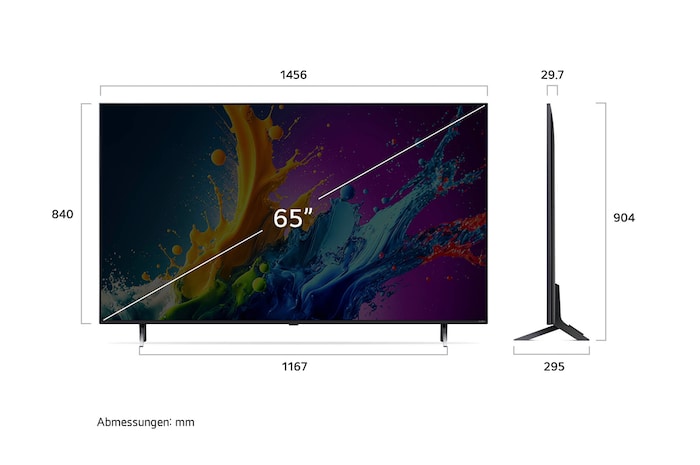 Diagramm mit Abmessungen (mm) für den 65 Zoll LG QNED80 AI 4K Smart TV: B 1456, H 904, T 295. Panel-Tiefe 29,7.