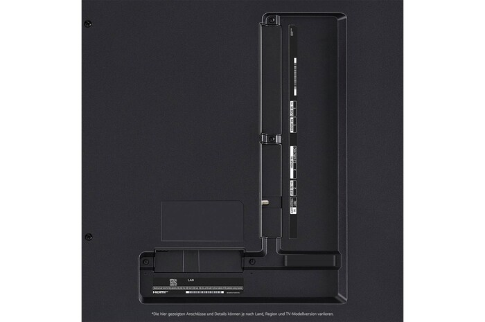 Nahaufnahme der Anschlüsse des LG QNED80 AI 4K Smart Fernsehers, einschließlich Zugang zu HDMI, USB, Antenne und CI-Slot.