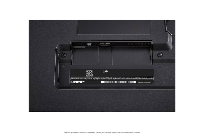 Nahaufnahme des optischen digitalen Audioausgangs und des LAN-Anschlusses auf der Rückseite des LG QNED80 AI 4K Smart Fernsehers.